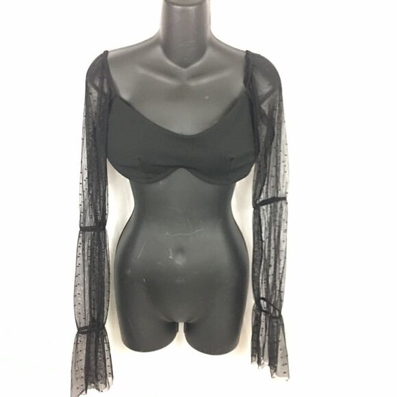 bra crop black top wit mesh cinched sleeves size 6 - Picture 1 of 8